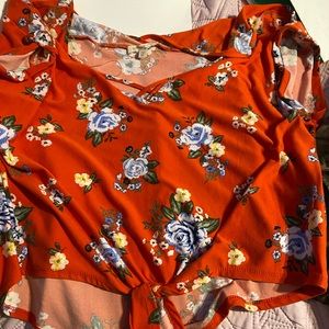 Red floral crop top with tie in the front